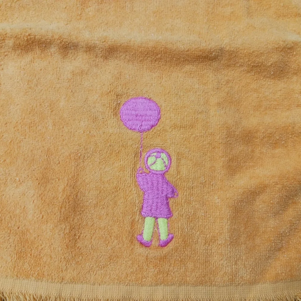 Vintage Cannon Orange Cotton Hand Towel Embroidered Figure Pink Balloon Fringe